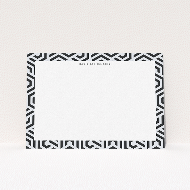 A couples correspondence card called "Geometric move". It is an A5 card in a landscape orientation. "Geometric move" is available as a flat card, with tones of blue and white.