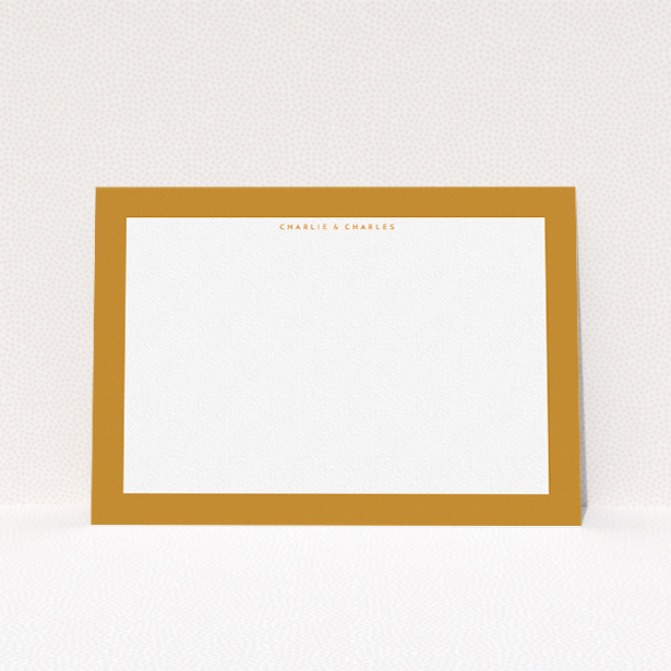 A couples correspondence card template titled "Gold border". It is an A5 card in a landscape orientation. "Gold border" is available as a flat card, with tones of orange and white.