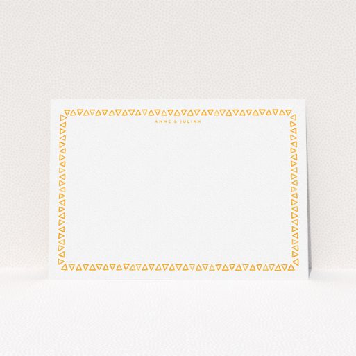 Correspondence Card Design (Couples) - "Hand drawn triangles" A couples correspondence card template titled "Hand drawn triangles". It is an A5 card in a landscape orientation. "Hand drawn triangles" is available as a flat card, with tones of orange and white.