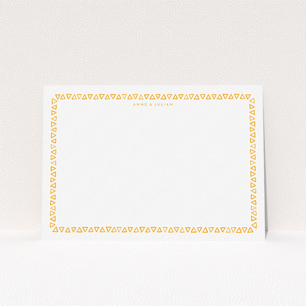 A couples correspondence card template titled "Hand drawn triangles". It is an A5 card in a landscape orientation. "Hand drawn triangles" is available as a flat card, with tones of orange and white.