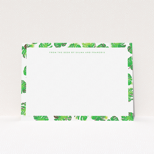 A couples correspondence card template titled "Jungle Sky". It is an A5 card in a landscape orientation. "Jungle Sky" is available as a flat card, with tones of green and white.
