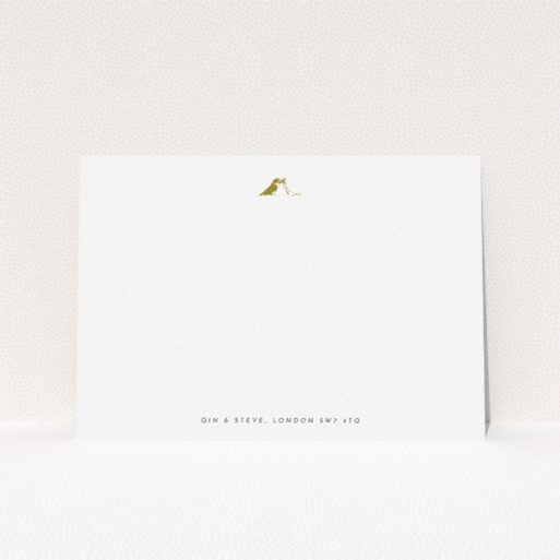 Correspondence Card Design (Couples) - "Lovebirds" A couples correspondence card template titled "Lovebirds". It is an A5 card in a landscape orientation. "Lovebirds" is available as a flat card, with tones of white and Dark gold.