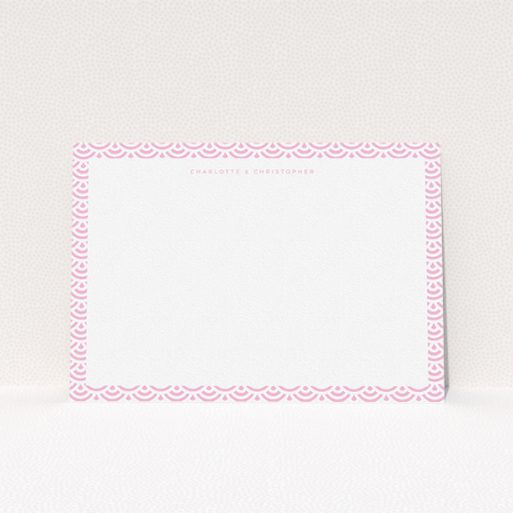 Correspondence Card Design (Couples) - "Pink Fan Pattern" A couples correspondence card design called "Pink Fan Pattern". It is an A5 card in a landscape orientation. "Pink Fan Pattern" is available as a flat card, with tones of pink and white.