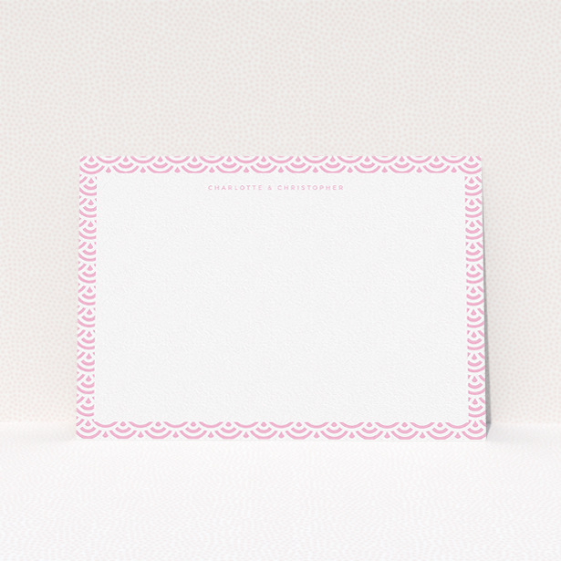 A couples correspondence card design called "Pink Fan Pattern". It is an A5 card in a landscape orientation. "Pink Fan Pattern" is available as a flat card, with tones of pink and white.