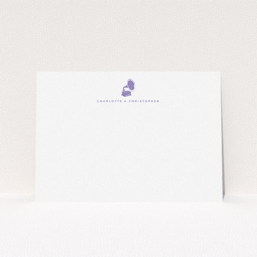 Correspondence Card Design (Couples) - "Purple sound" A couples correspondence card design named "Purple sound". It is an A5 card in a landscape orientation. "Purple sound" is available as a flat card, with tones of white and purple.