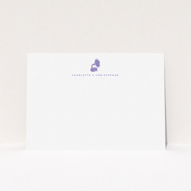 A couples correspondence card design named "Purple sound". It is an A5 card in a landscape orientation. "Purple sound" is available as a flat card, with tones of white and purple.