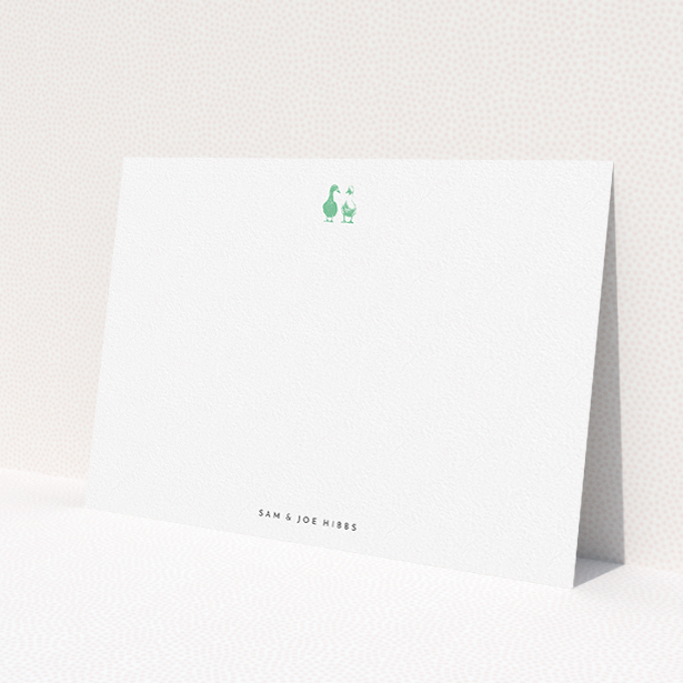 A couples correspondence card design called "Two little ducks". It is an A5 card in a landscape orientation. "Two little ducks" is available as a flat card, with tones of white and green.