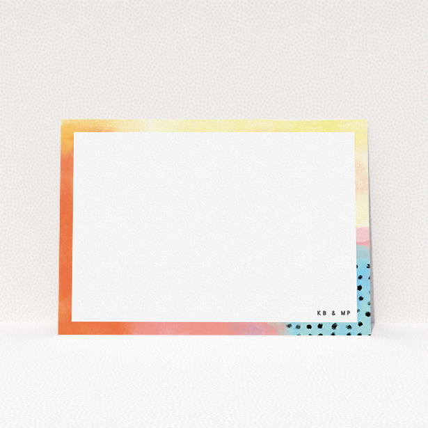 A couples custom writing stationery design titled "Abstract Pastel". It is an A5 card in a landscape orientation. "Abstract Pastel" is available as a flat card, with tones of orange, red and yellow.