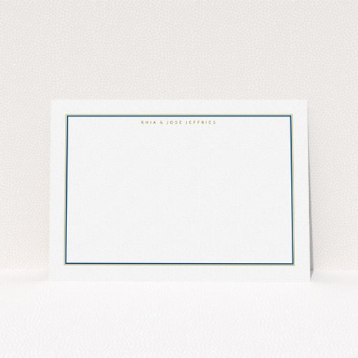Custom Writing Stationery Design (Couples) - "Blue and gold" A couples custom writing stationery named "Blue and gold". It is an A5 card in a landscape orientation. "Blue and gold" is available as a flat card, with mainly white colouring.