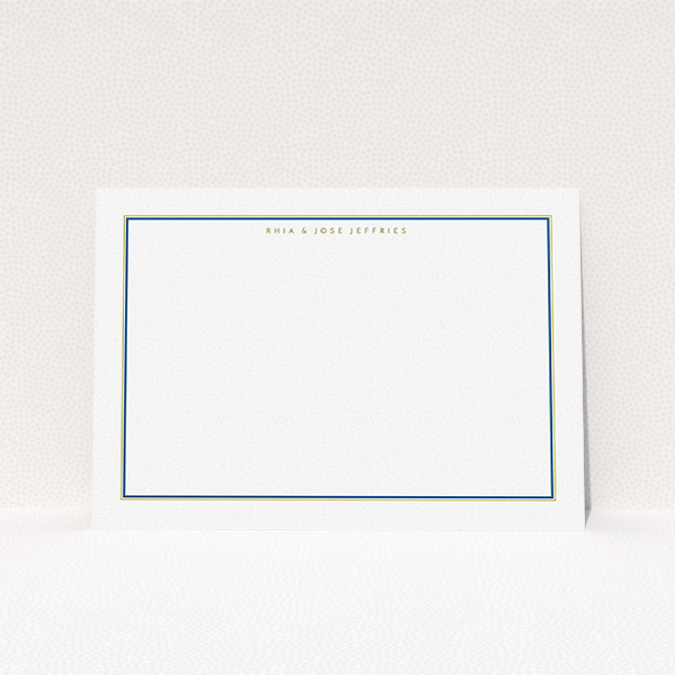 A couples custom writing stationery named "Blue and gold". It is an A5 card in a landscape orientation. "Blue and gold" is available as a flat card, with mainly white colouring.