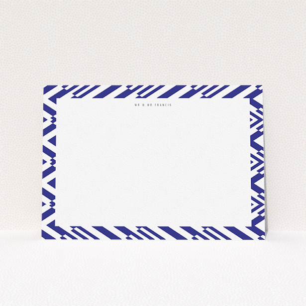 A couples custom writing stationery template titled "Blue diamonds". It is an A5 card in a landscape orientation. "Blue diamonds" is available as a flat card, with tones of blue and white.