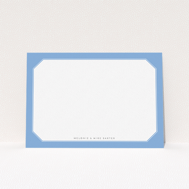 A couples custom writing stationery design titled "Classic Blur". It is an A5 card in a landscape orientation. "Classic Blur" is available as a flat card, with tones of blue and white.