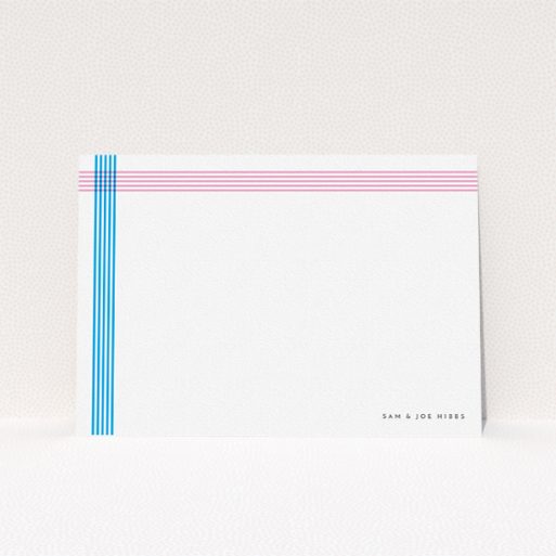 Custom Writing Stationery Design (Couples) - "Crossing Paths" A couples custom writing stationery called "Crossing Paths". It is an A5 card in a landscape orientation. "Crossing Paths" is available as a flat card, with tones of blue and pink.