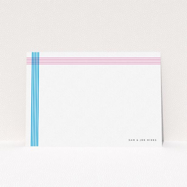 A couples custom writing stationery called "Crossing Paths". It is an A5 card in a landscape orientation. "Crossing Paths" is available as a flat card, with tones of blue and pink.