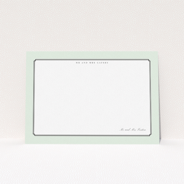 A couples custom writing stationery called "Deco mint". It is an A5 card in a landscape orientation. "Deco mint" is available as a flat card, with tones of green and white.
