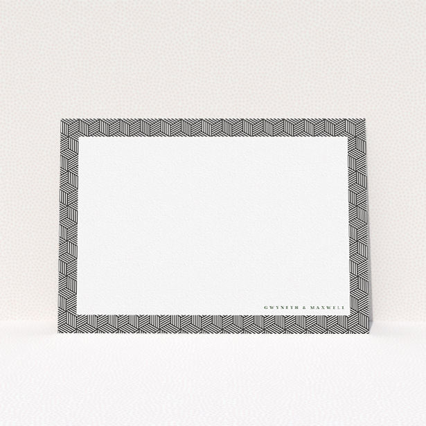A couples custom writing stationery design named "Geometric boxes". It is an A5 card in a landscape orientation. "Geometric boxes" is available as a flat card, with tones of black and white.