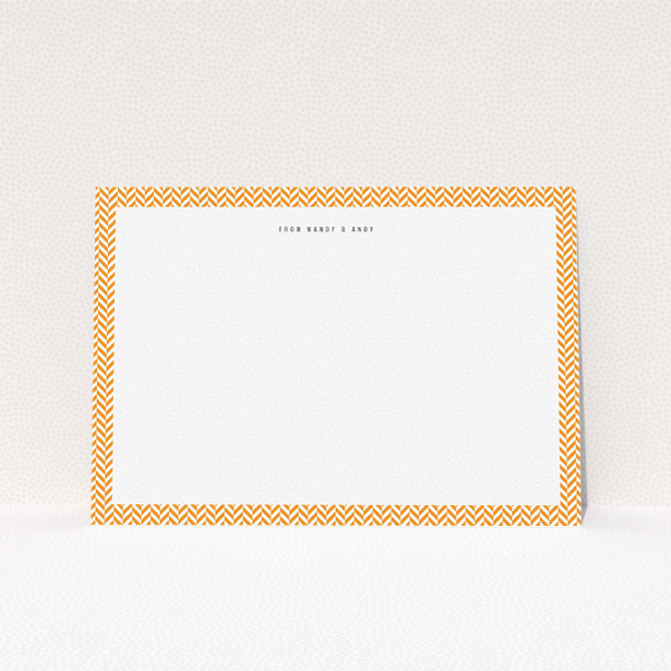 A couples custom writing stationery design called "Hounds Tooth Orange". It is an A5 card in a landscape orientation. "Hounds Tooth Orange" is available as a flat card, with tones of orange and white.