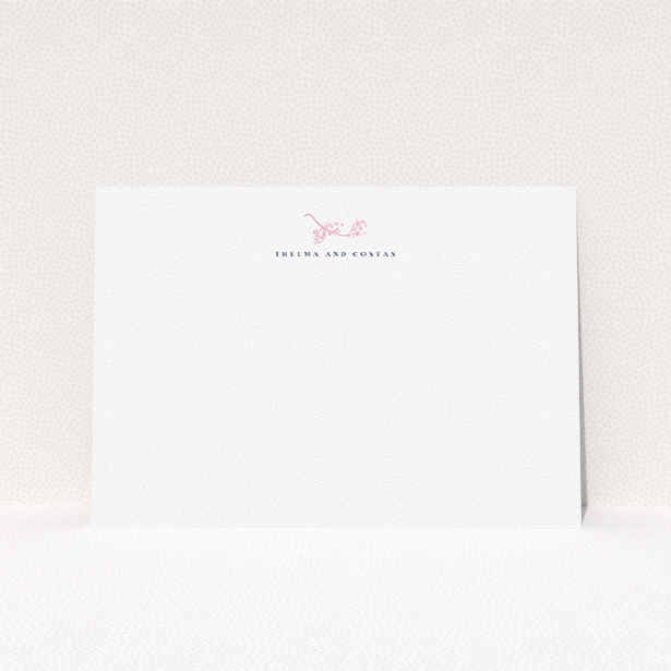 A couples custom writing stationery template titled "Pink Blossom". It is an A5 card in a landscape orientation. "Pink Blossom" is available as a flat card, with tones of white and pink.