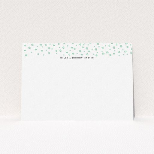 Custom Writing Stationery Design (Couples) - "Stars at night" A couples custom writing stationery design titled "Stars at night". It is an A5 card in a landscape orientation. "Stars at night" is available as a flat card, with tones of white and green.