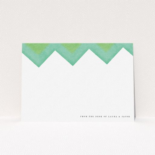 Custom Writing Stationery Design (Couples) - "Vibrant Peaks" A couples custom writing stationery design named "Vibrant Peaks". It is an A5 card in a landscape orientation. "Vibrant Peaks" is available as a flat card, with tones of green and white.