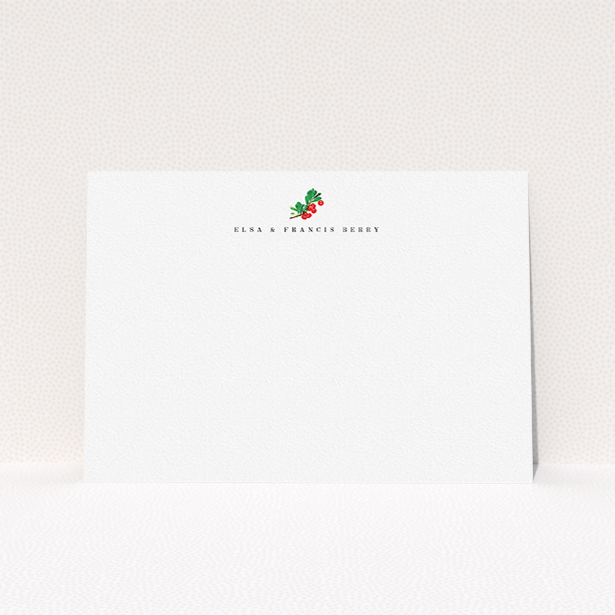 A couples personalised note card design titled "A bunch of berries". It is an A5 card in a landscape orientation. "A bunch of berries" is available as a flat card, with tones of white and green.