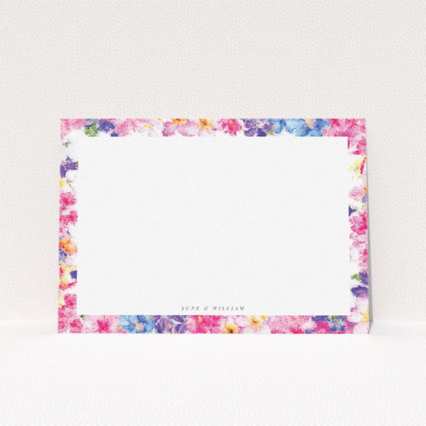 A couples personalised note card template titled "A smudge of spring". It is an A5 card in a landscape orientation. "A smudge of spring" is available as a flat card, with tones of light pink and light blue.