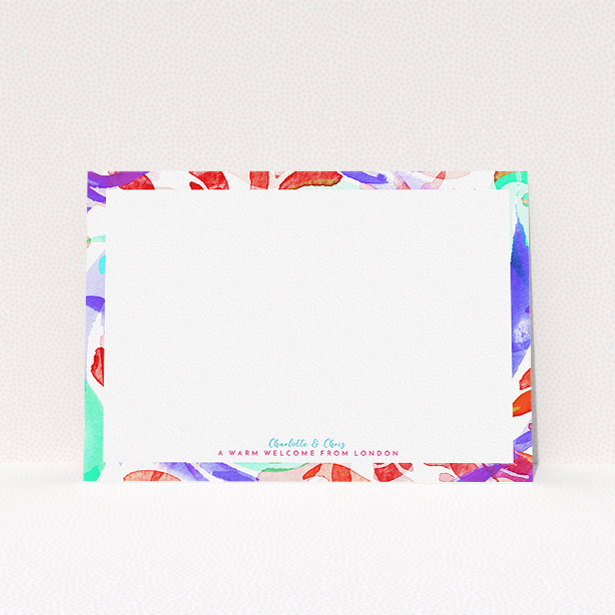 A couples personalised note card called "Abstract Neon". It is an A5 card in a landscape orientation. "Abstract Neon" is available as a flat card, with mainly red colouring.