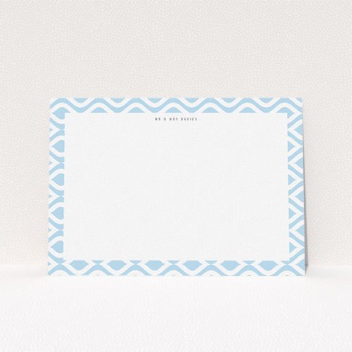 Personalised Note Card Design (Couples) - "Arabian diamonds" A couples personalised note card called "Arabian diamonds". It is an A5 card in a landscape orientation. "Arabian diamonds" is available as a flat card, with tones of blue and white.