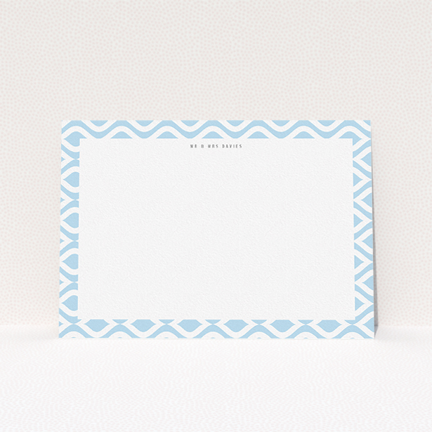 A couples personalised note card called "Arabian diamonds". It is an A5 card in a landscape orientation. "Arabian diamonds" is available as a flat card, with tones of blue and white.