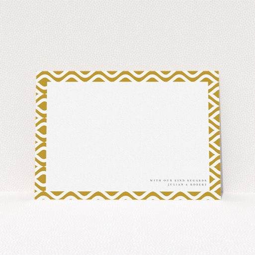 Personalised Note Card Design (Couples) - "Arabian swirls" A couples personalised note card template titled "Arabian swirls". It is an A5 card in a landscape orientation. "Arabian swirls" is available as a flat card, with tones of gold and white.