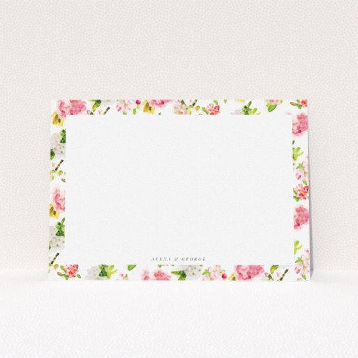 Personalised Note Card Design (Couples) - "Blurred blossom" A couples personalised note card design named "Blurred blossom". It is an A5 card in a landscape orientation. "Blurred blossom" is available as a flat card, with tones of pink, green and yellow.