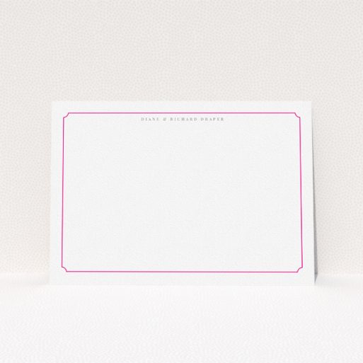 Personalised Note Card Design (Couples) - "Bright pink border" A couples personalised note card design called "Bright pink border". It is an A5 card in a landscape orientation. "Bright pink border" is available as a flat card, with tones of white and pink.