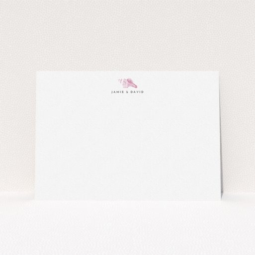 Personalised Note Card Design (Couples) - "Found on the shore" A couples personalised note card design named "Found on the shore". It is an A5 card in a landscape orientation. "Found on the shore" is available as a flat card, with tones of white and pink.