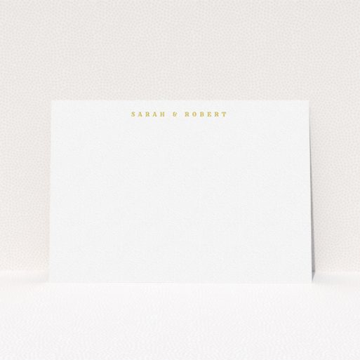 Personalised Note Card Design (Couples) - "Front middle" A couples personalised note card called "Front middle". It is an A5 card in a landscape orientation. "Front middle" is available as a flat card, with tones of white and gold.