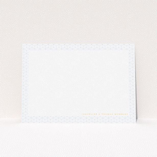 A couples personalised note card template titled "Isotropic boxes ". It is an A5 card in a landscape orientation. "Isotropic boxes " is available as a flat card, with tones of blue and white.