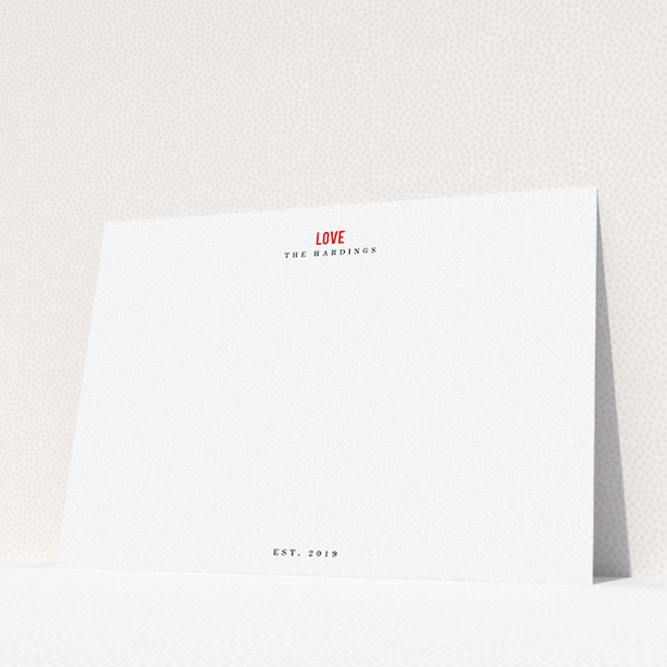 A couples personalised note card design named "Love". It is an A5 card in a landscape orientation. "Love" is available as a flat card, with tones of white and red.
