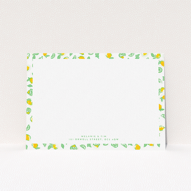 A couples personalised note card called "Madeira". It is an A5 card in a landscape orientation. "Madeira" is available as a flat card, with tones of green and yellow.