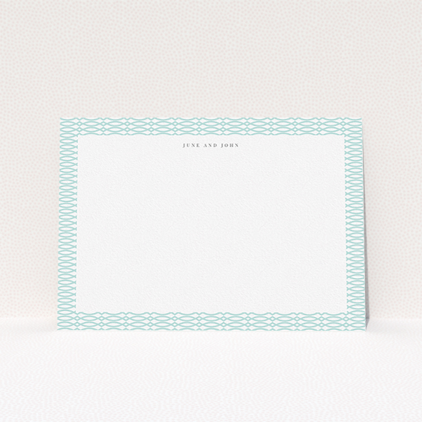 A couples personalised note card design called "Mint connected". It is an A5 card in a landscape orientation. "Mint connected" is available as a flat card, with tones of blue and white.