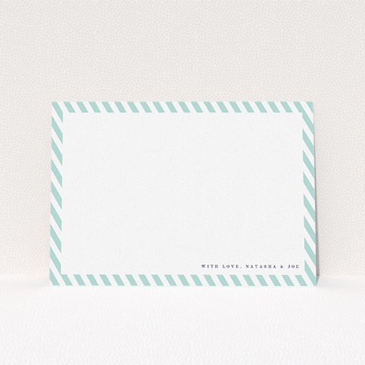Personalised Note Card Design (Couples) - "Mint Diagonals" A couples personalised note card named "Mint Diagonals". It is an A5 card in a landscape orientation. "Mint Diagonals" is available as a flat card, with tones of green and white.