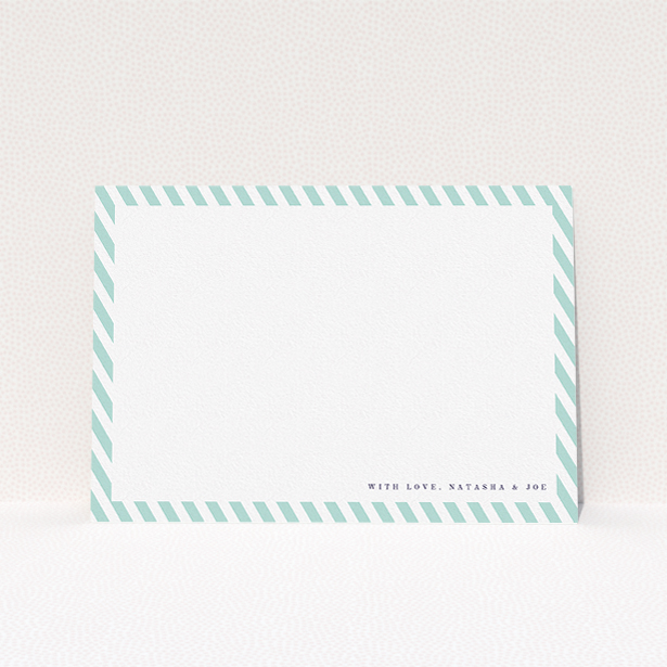A couples personalised note card named "Mint Diagonals". It is an A5 card in a landscape orientation. "Mint Diagonals" is available as a flat card, with tones of green and white.