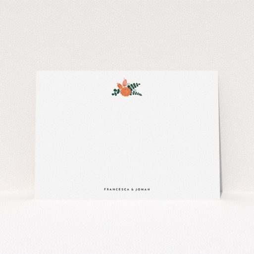 Personalised Note Card Design (Couples) - "Modern flowers" A couples personalised note card design named "Modern flowers". It is an A5 card in a landscape orientation. "Modern flowers" is available as a flat card, with tones of white and green.