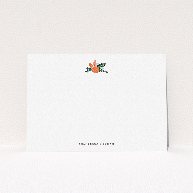 A couples personalised note card design named "Modern flowers". It is an A5 card in a landscape orientation. "Modern flowers" is available as a flat card, with tones of white and green.