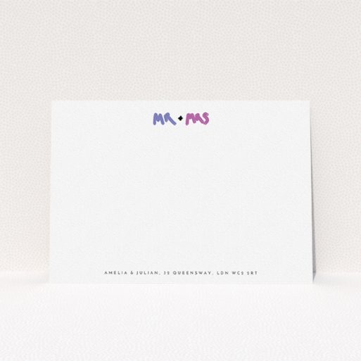Personalised Note Card Design (Couples) - "Mr and Mrs" A couples personalised note card template titled "Mr and Mrs". It is an A5 card in a landscape orientation. "Mr and Mrs" is available as a flat card, with tones of white and blue.