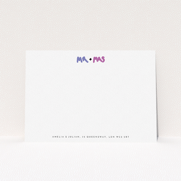 A couples personalised note card template titled "Mr and Mrs". It is an A5 card in a landscape orientation. "Mr and Mrs" is available as a flat card, with tones of white and blue.