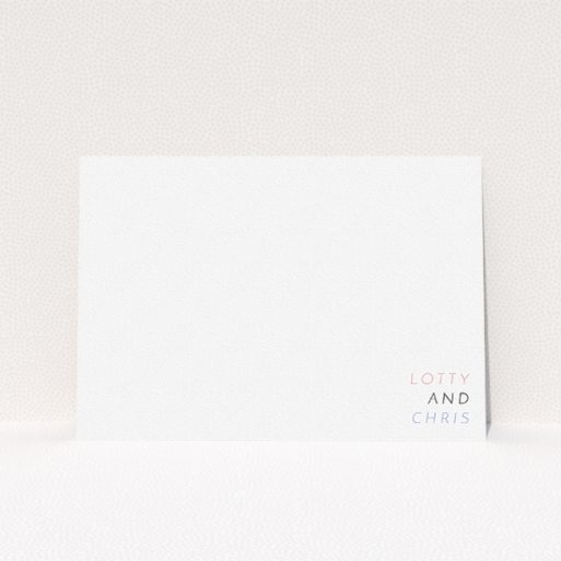 Personalised Note Card Design (Couples) - "Pink and blue" A couples personalised note card design called "Pink and blue". It is an A5 card in a landscape orientation. "Pink and blue" is available as a flat card, with tones of white and blue.