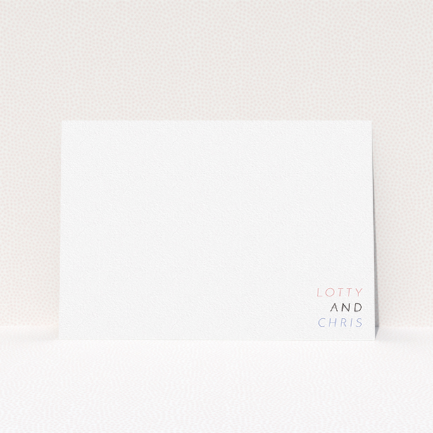 A couples personalised note card design called "Pink and blue". It is an A5 card in a landscape orientation. "Pink and blue" is available as a flat card, with tones of white and blue.