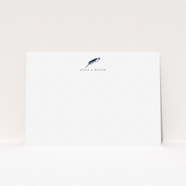 A couples personalised note card called "Remember the pen". It is an A5 card in a landscape orientation. "Remember the pen" is available as a flat card, with tones of white and blue.
