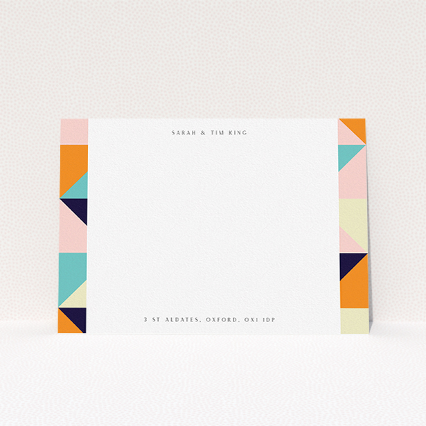 A couples personalised note card design called "Sloane Squares". It is an A5 card in a landscape orientation. "Sloane Squares" is available as a flat card, with mainly orange colouring.