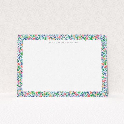 Personalised Note Card Design (Couples) - "Spring smudge" A couples personalised note card design named "Spring smudge". It is an A5 card in a landscape orientation. "Spring smudge" is available as a flat card, with mainly green colouring.