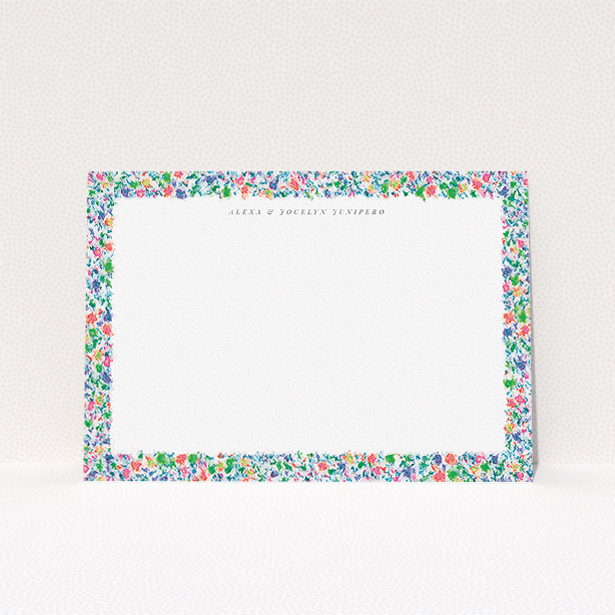 A couples personalised note card design named "Spring smudge". It is an A5 card in a landscape orientation. "Spring smudge" is available as a flat card, with mainly green colouring.